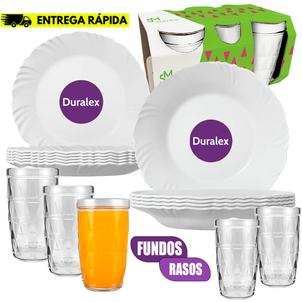 JOGO 12 Pratos Duralex Opaline Branco Borda Decorada 06 Copos de Vidro Zumba 270ML 06 Pétala Jantar em Oferta na Shopee