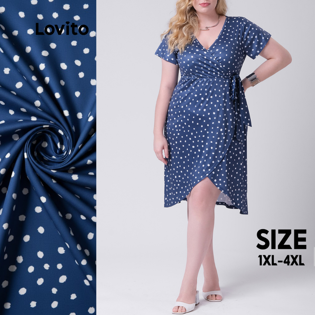 Lovito Vestido Feminino Plus Size Manga Curta e Frente Assimétrica Transpassada Estampa Poá Bolinhas LB422BRL451 em Oferta na Shopee