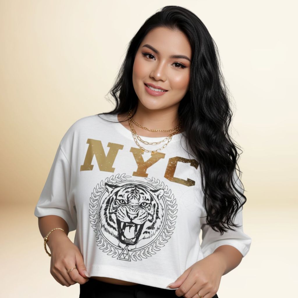 Detalhes do Cropped Oversized StreetWear Tecido 100% Algodão Estampado NYC TIGRE Camiseta Animal Estilo Urbano