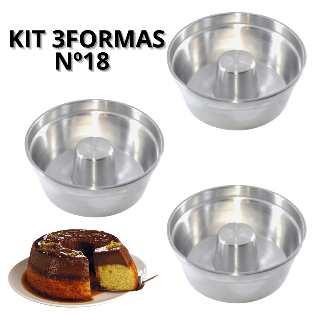 Kit 3 Formas de Bolo 18cm – Alumínio Resistente com Furo Central para Pudim e Torta