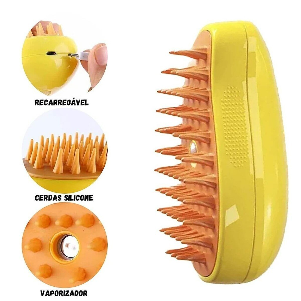 Escova a vapor para gatos e cães 3 em 1 escovas elétricas de pêlos pentes de massagem  verde/amarelo