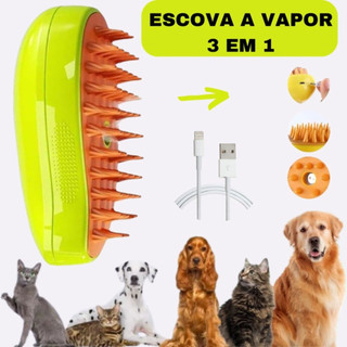 Escova a vapor para gatos e cães 3 em 1 escovas elétricas de pêlos pentes de massagem verde/amarelo