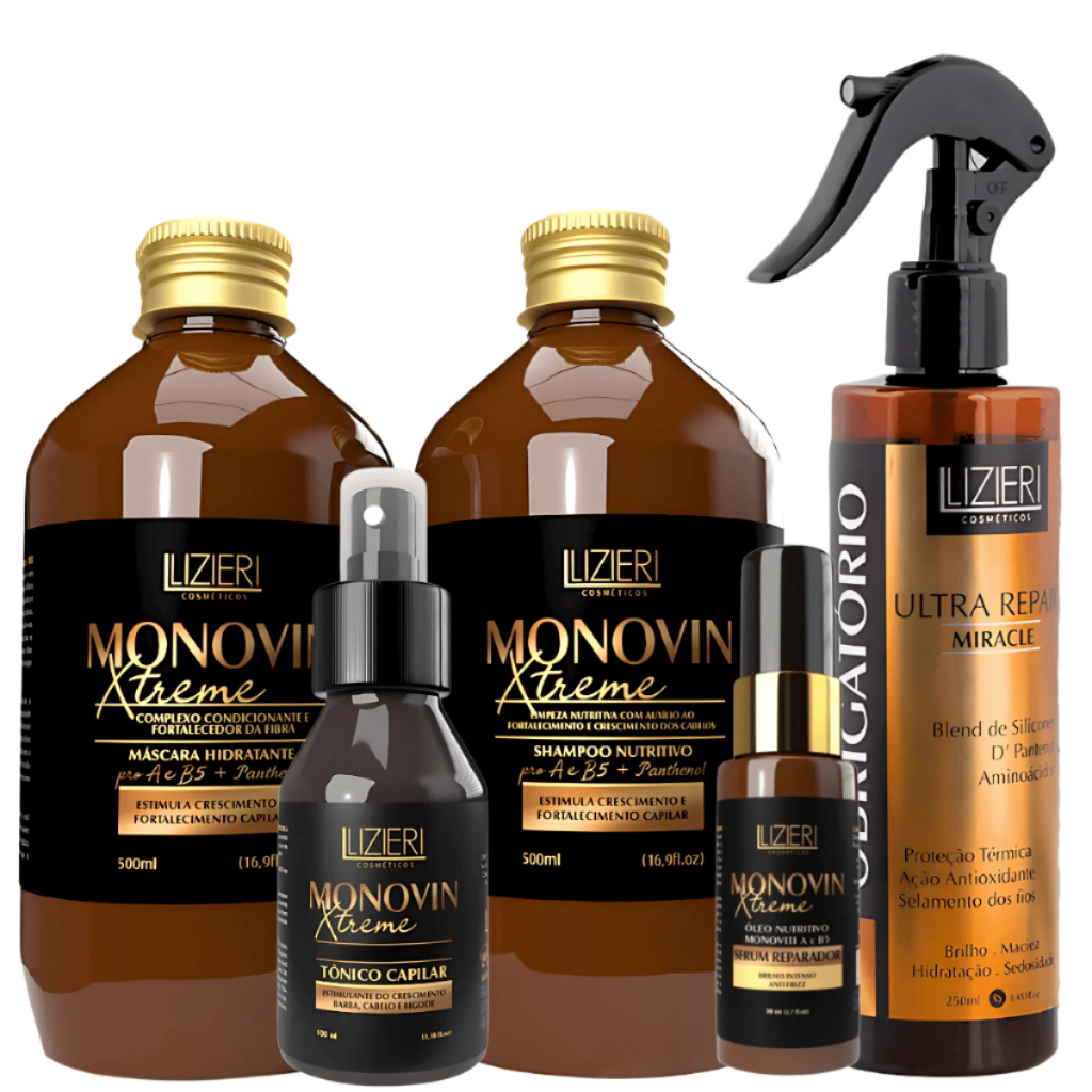 Kit Monovin Shampo Mascara Tônico Serum Reparador Antifrizz Crescimento Capilar Recuperação Lizieri