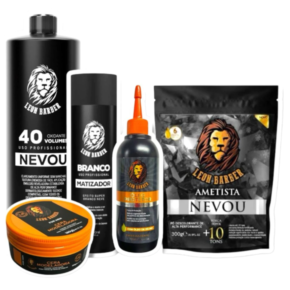 1 Pó Ametista+ 1 Matizador +1 Agua Oxigenada 40 volumes + 1Oleo Protetor +1 cera modeladora Leon Barber160
