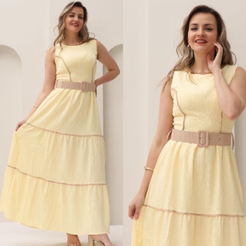 cod64.Vestido REGATA (SEM MANGA) longo com cinto, forrado, moda evangélica, Oficial