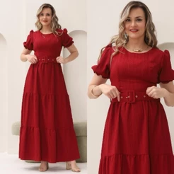 Vestido Longo Manga Princesa com Cinto Forrado Três Marias Tecido Duna Onda Feminino Elegante