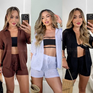 Conjunto Saída de Praia Short + Chamise Tricot Luxo Moda Praia Feminina Verao em Oferta na Shopee