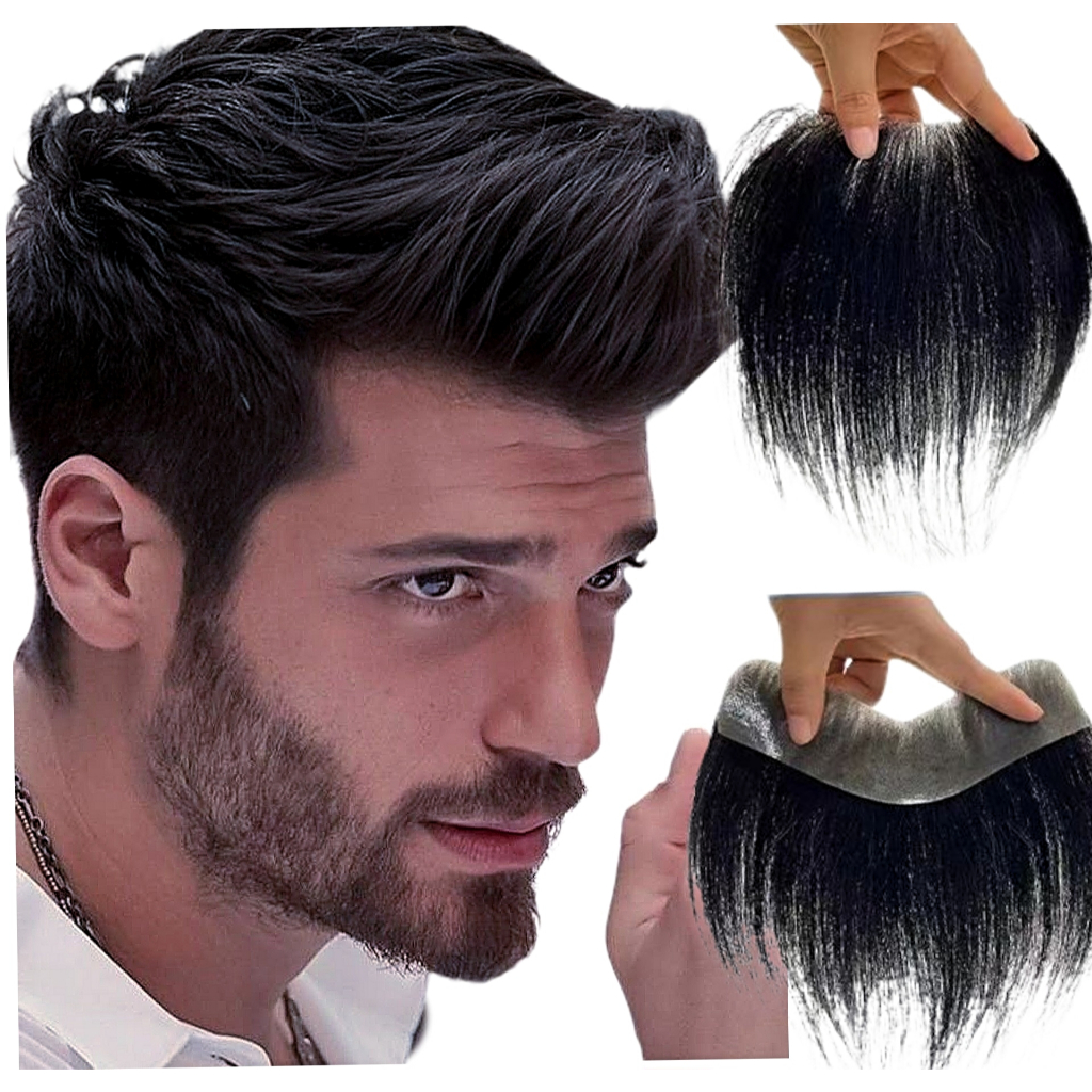 Falsa franja homem cabelo 100% humano, entrada, falha, calvície mini protese