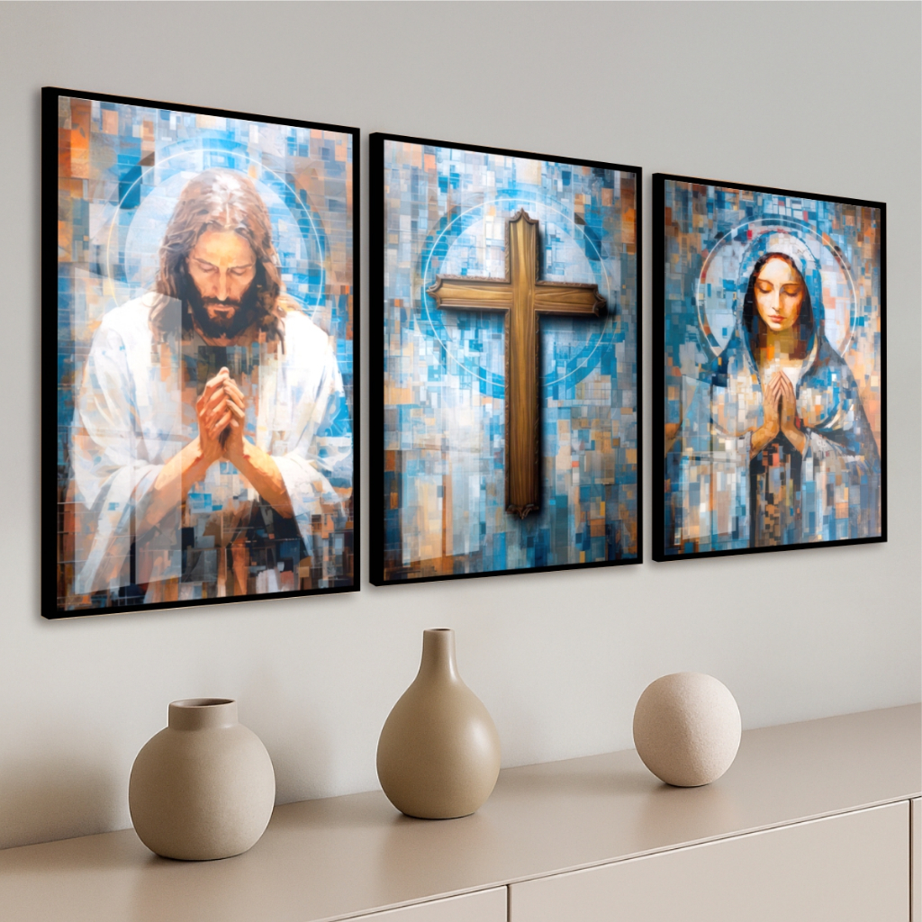 Quadro Moldura Vidro Kit 3 Peças Religioso Jesus Maria em Oração Azul Marrom Quarto Sala Escritório
