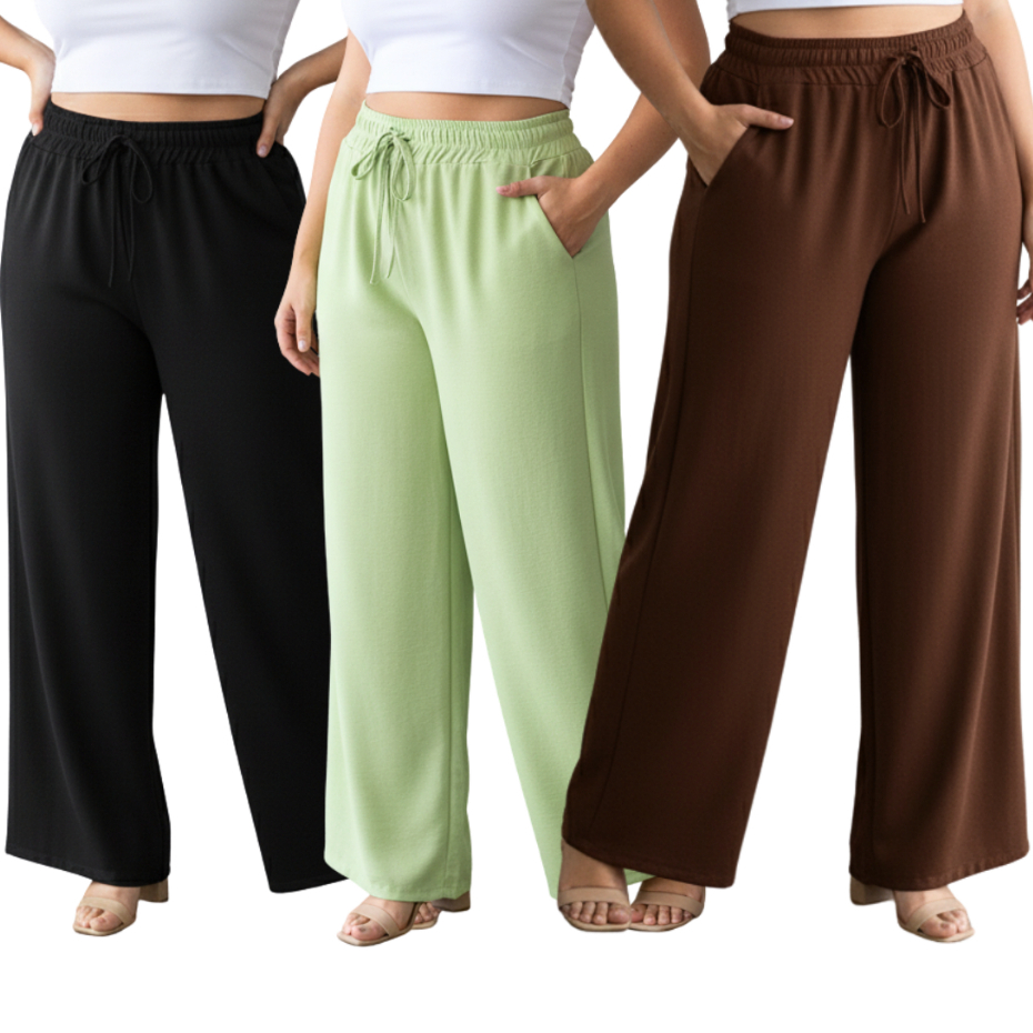 Kit 3 Calças Feminina Pantalona Cintura Alta Tecido Dunas