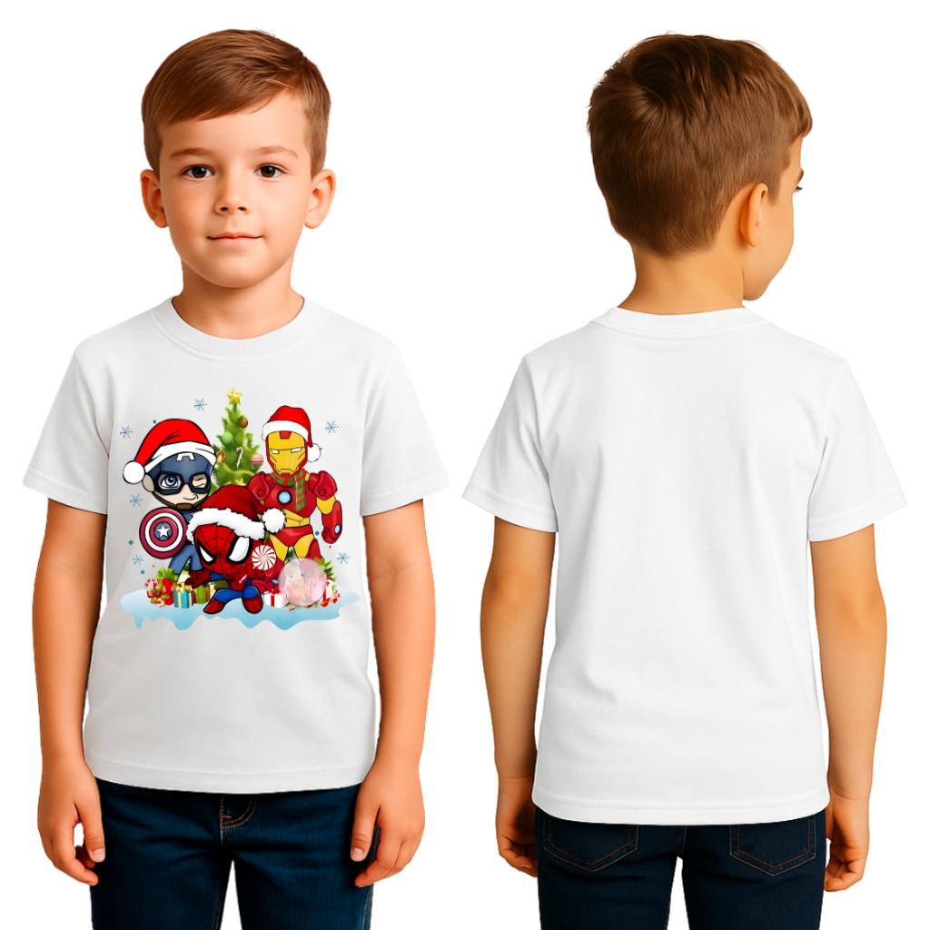 Blusa Infantil Natalina Super Heróis Camiseta Divertida Menino Menina Tamanho 2 ao 16