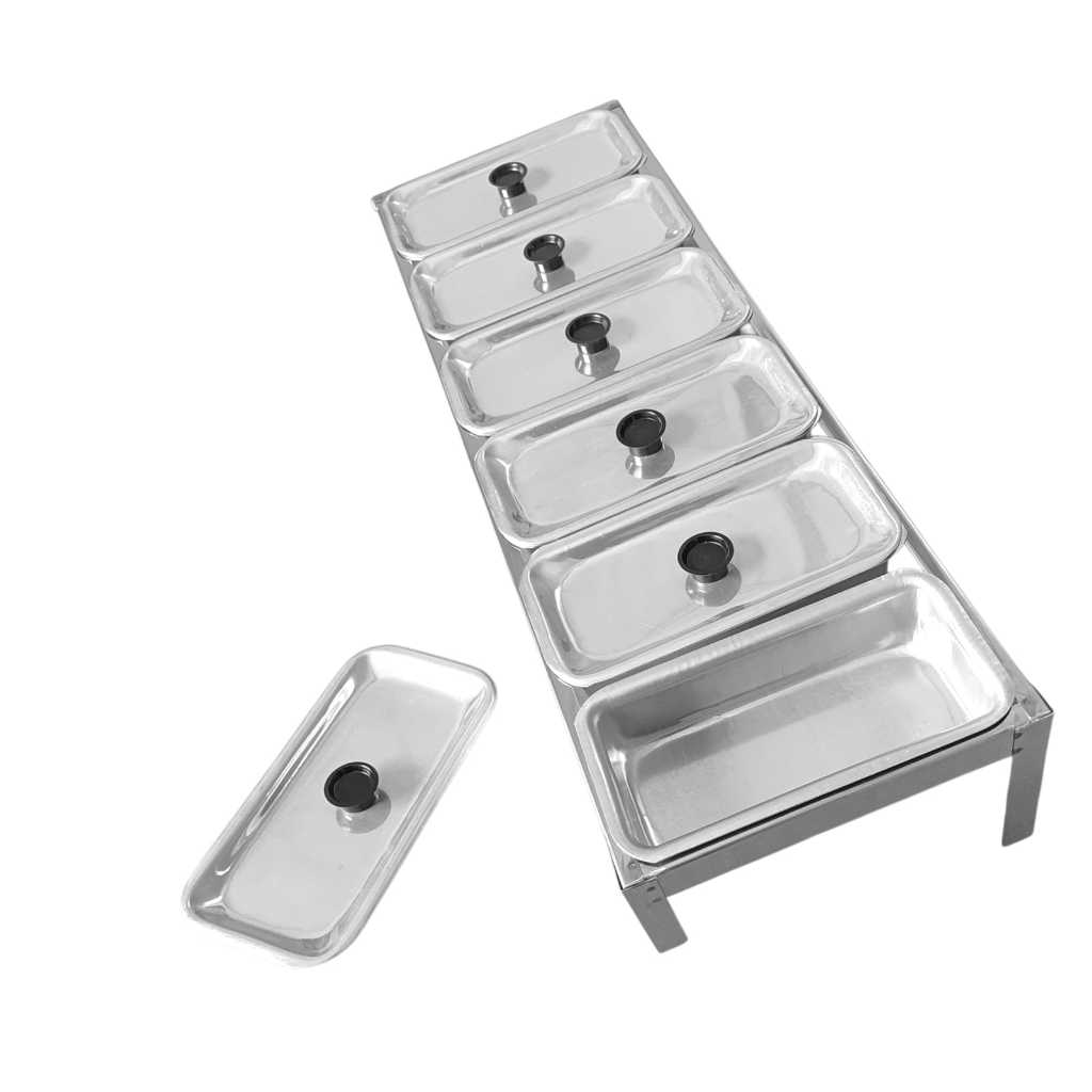 CONDIMENTADORA INCLINADA 6 CUBAS + TAMPAS INDIVIDUAIS em Oferta na Shopee