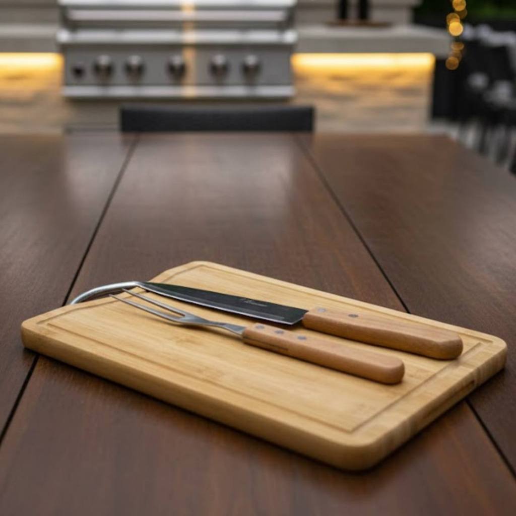Kit Churrasco 3 Peças Faca Garfo Cabo Madeira + Tábua Bambu c/ Sulco e Alça Aço Inox - Presente Churrasqueiro em Oferta na Shopee