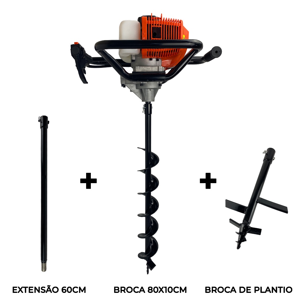 Perfurador de Solo a Gasolina 52cc 2,5HP com Broca 80x10cm + Broca de Plantio + Extensor 60cm Carbon Fak