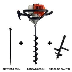 Perfurador de Solo a Gasolina 52cc 2,5HP com Broca 80x10cm + Broca de Plantio + Extensor 60cm Carbon Fak