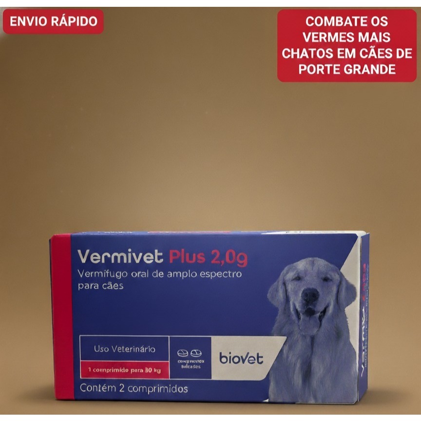 Vermivet Plus Elimine Vermes e Parasitas em Cães –  2,0g Vermífugo 2 Comprimidos