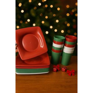 Kit Natal Pratos Quadrados + Copos 300ml Reutilizável Mesa Natalina - Lanche, Refeições