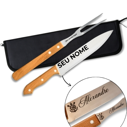 Kit Churrasco Personalizado com Faca + Garfo + Estojo Gravado Laser Nome Logo Time Presente em Oferta na Shopee