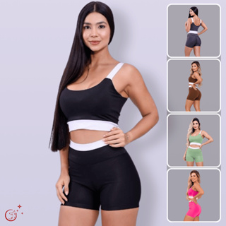 Conjunto Fitness Feminino Short e Top Com Bojo Academia Roupa De Malhar Treino Crossfit Corrida em Oferta na Shopee