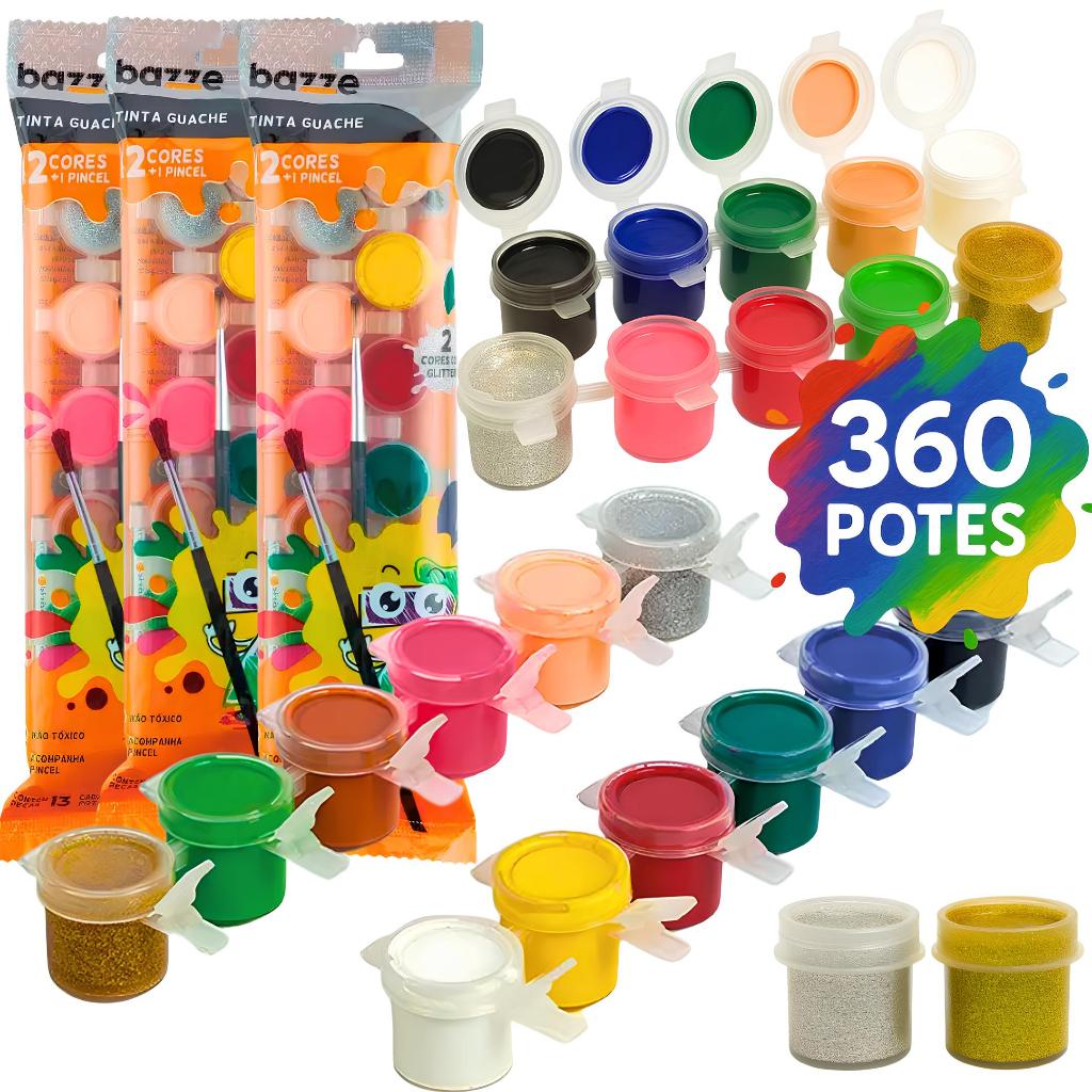 Kit 30 Pacotes Tinta Guache 12 Cores +Pincel 360 Potinhos Festa Lembrancinha Escola Atacado