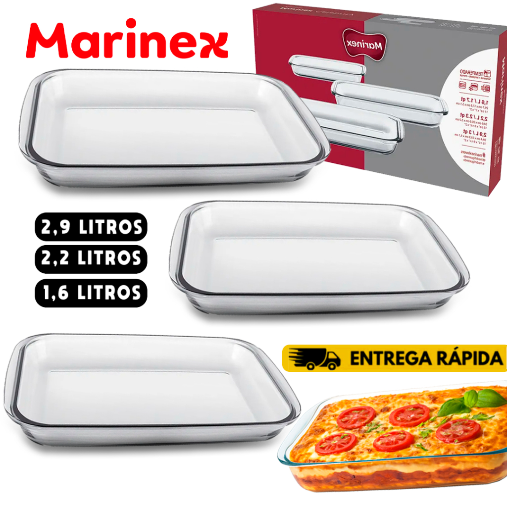 Jogo Assadeiras de Vidro Travessas Retangular 3 Peças Marinex Antiaderente Conjunto Travessas Grande