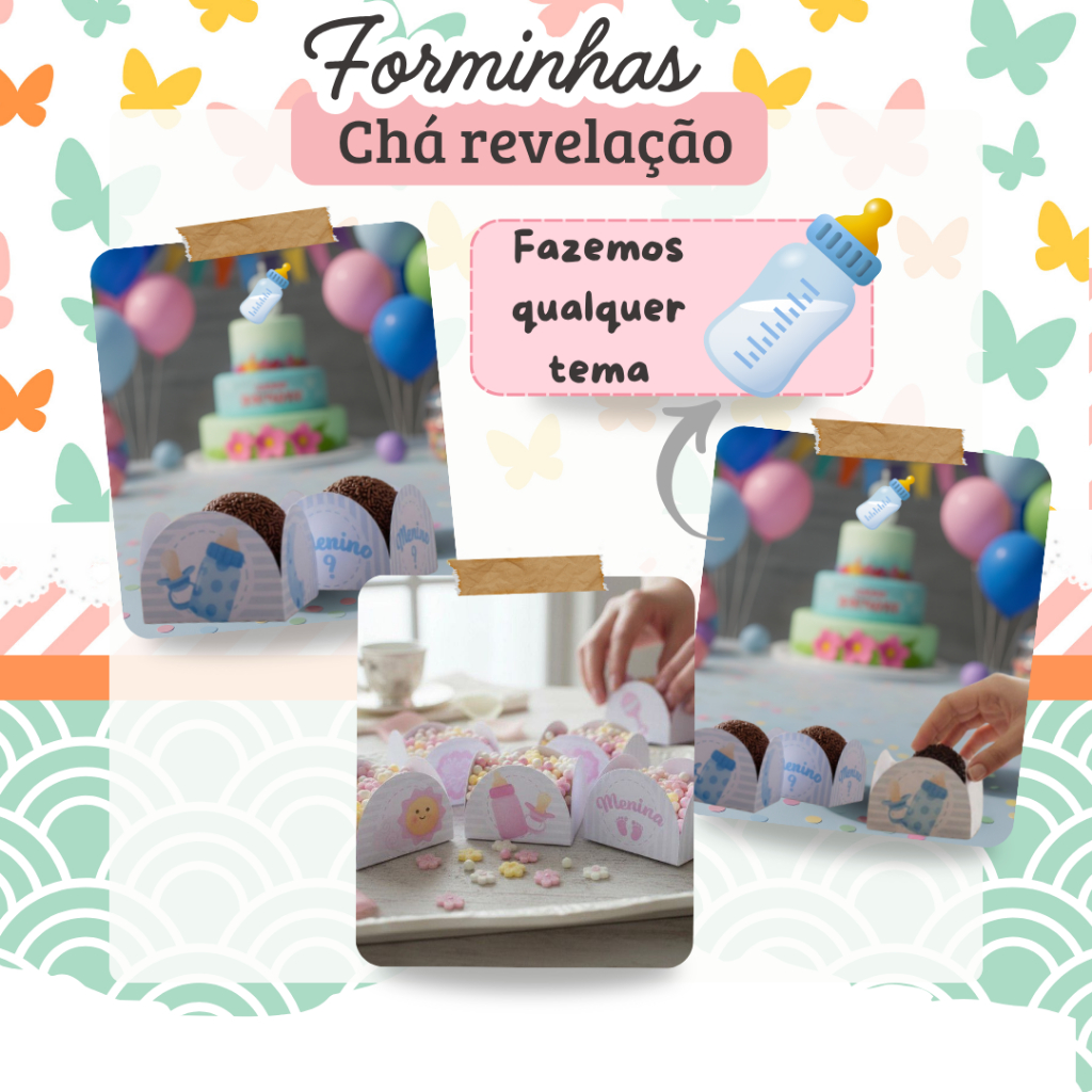 100 Forminhas Chá Revelação Menina Menino Personalizadas de Doce Brigadeiro 4 Pétalas Festa, Aniversário