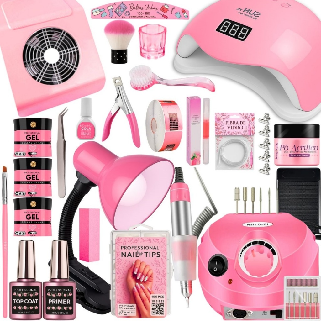 Kit Unhas Gel Alongamento Completo Lixadeira Elétrica Motor Porquinho Profissional Cabine Sun5