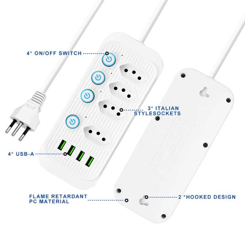 Extensão Régua Com 4 Tomadas E 4 Usb 2500W Botões Individuais Filtro De Linha Segurança 2 Metros-Techo Pro