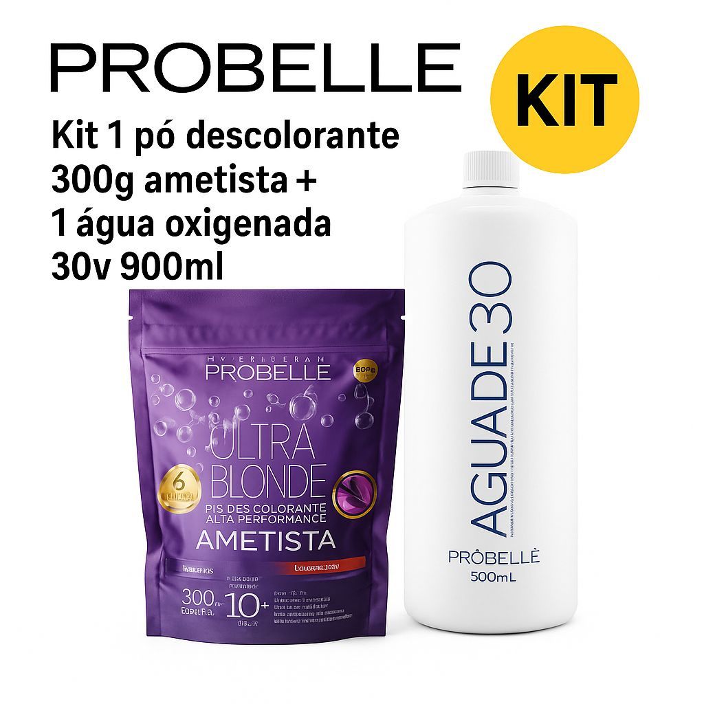 Kit Água Oxigenada 30V 900ml+ Pó Descolorante Ametista 300g Probelle em Oferta na Shopee