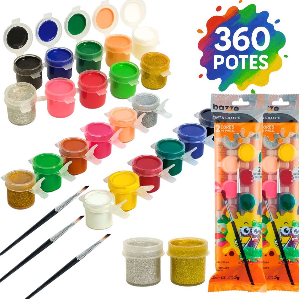 Kit 360 Unidades de Tinta Guache+ Pincéis  Pintura Aquarela Atacado Lembrancinha Festa(30 Pacotes c/12 cores)