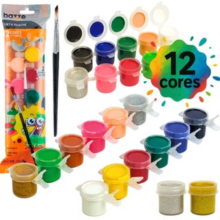 Tinta Guache 12 Cores Diferentes + Pincel Tons Com Glitter Tinta Não Tóxica