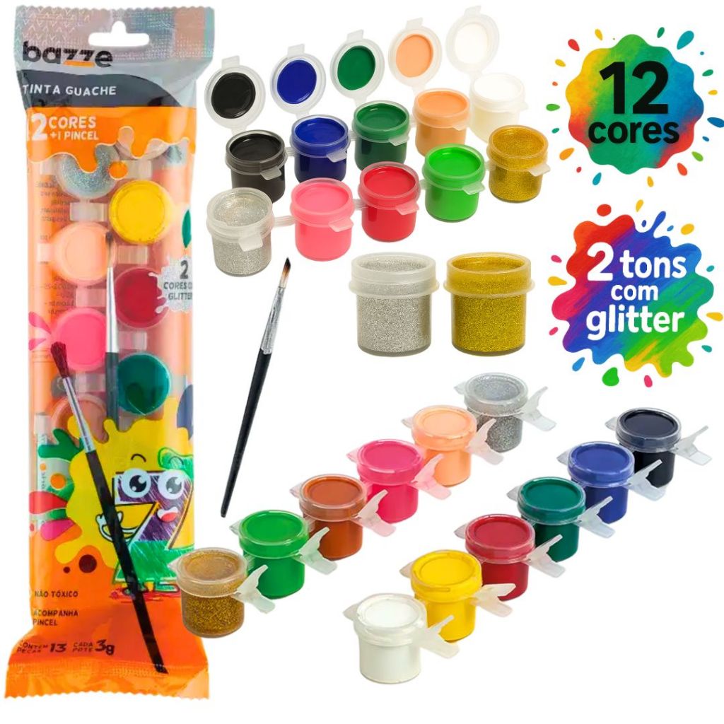 Kit Tinta Guache 12 Cores Com Pincel Tinta Pintura Infantil Aquarela Para Crianças Tinta Não Tóxica