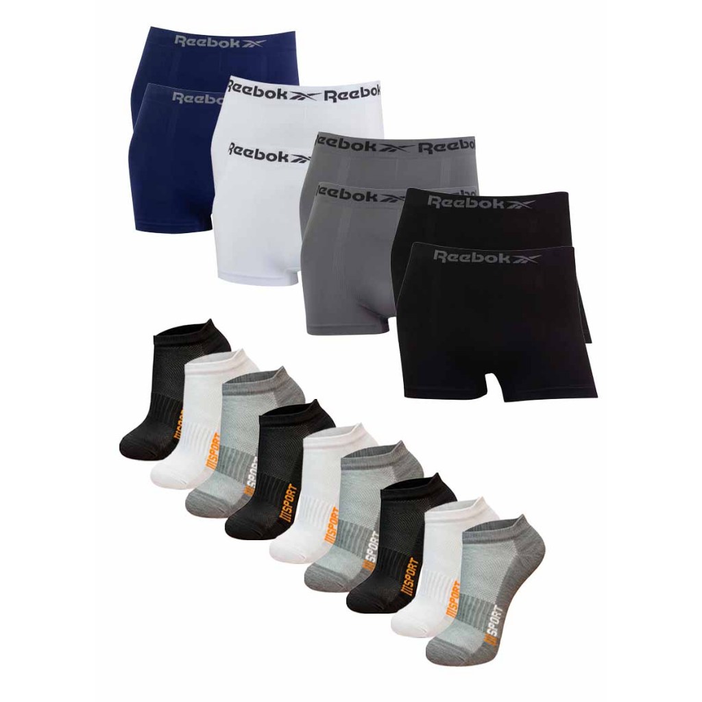 Kit férias / presente 8 cuecas boxer Reebok microfibra Original + 9 pares de meias sport