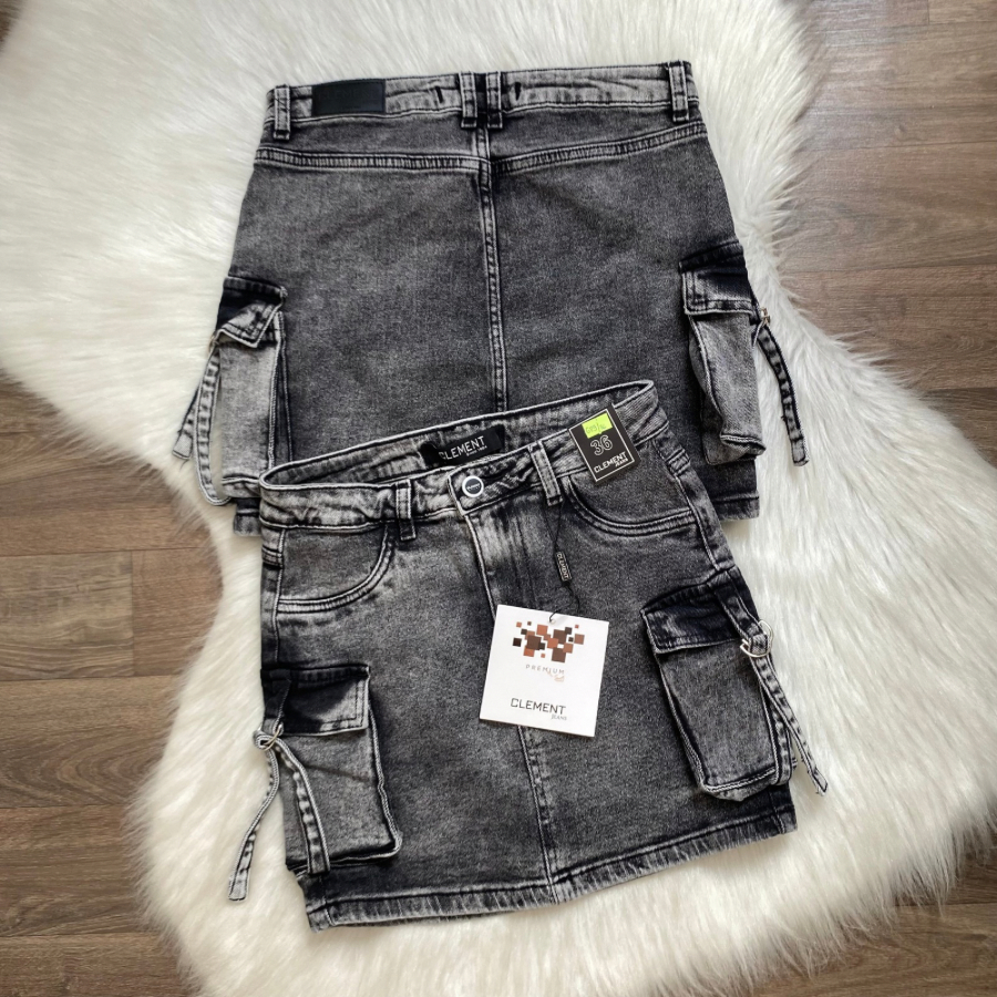 Saia Jeans Feminina Cargo Bolsos Cintura Alta Com Elastano Clement Premium