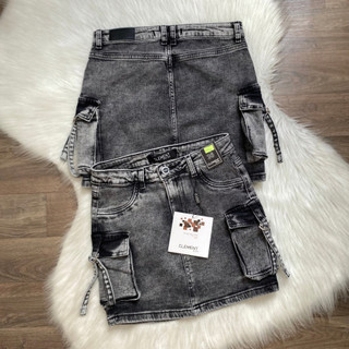 Saia Jeans Feminina Cargo Bolsos Cintura Alta Com Elastano Clement Premium