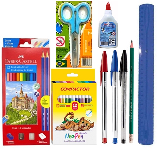 Kit 35 Peças Escolar Infantil Juvenil Lapis De Cor Faber Castell Caneta Bic Tesoura Regua Unissex Pr
