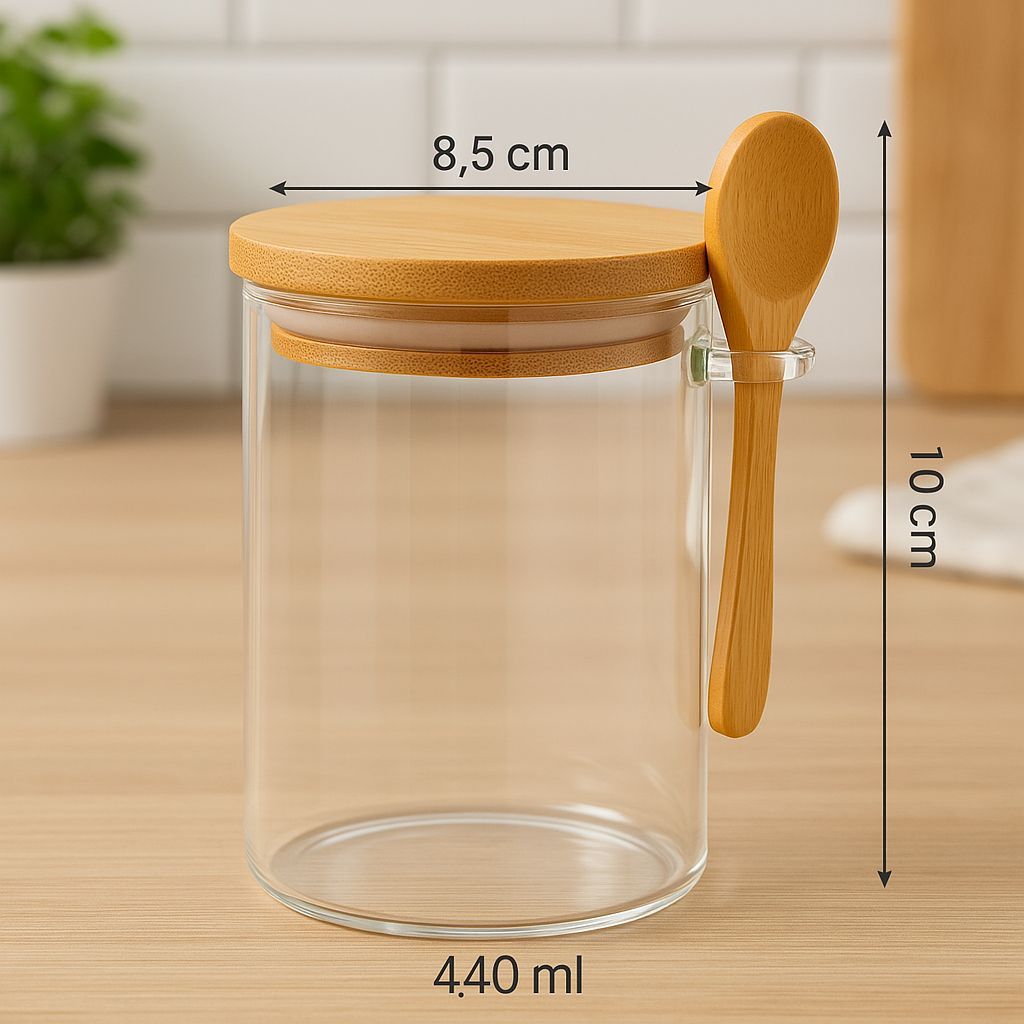 Pote De Vidro Redondo + Colher E Tampa Hermética Bambu 440ml 550ml 750ml 970ml kits em Oferta na Shopee