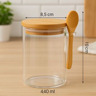 Pote De Vidro Redondo + Colher E Tampa Hermética Bambu 440ml 550ml 750ml 970ml kits em Oferta na Shopee