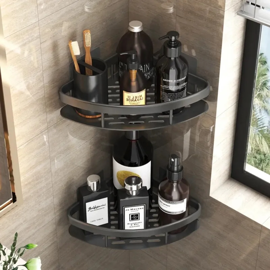 Kit 1/ 2 Suportes Porta Shampoo Organizador De Metal Para Banheiro Cozinha Prateleira Com Adesivos