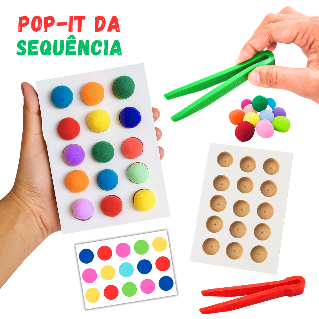 POP IT da Sequência Jogo Coordenação Motora Pinça Pompons Concentração