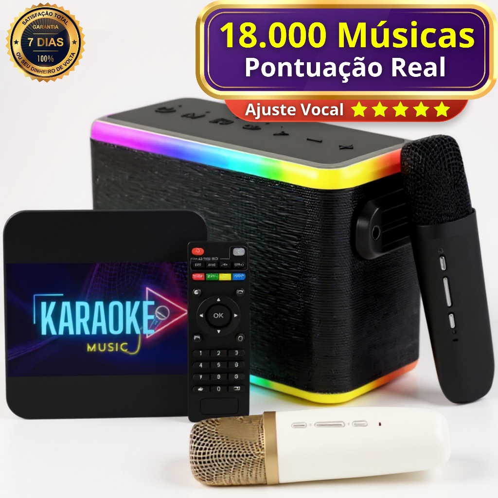 Karaoke Bluetooth Microfone Duplo Caixa de Som 80W + 18.000 Músicas + Pontuação Real e Ajuste Vocal