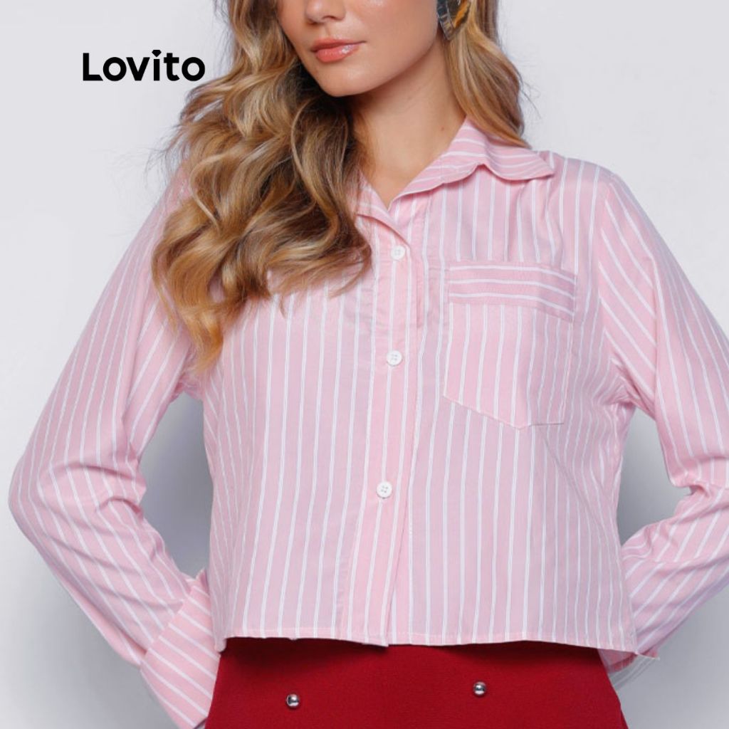 Lovito Camisa Listrada Rosa Alfaiataria Bolsos Cropped Feminina Oversized  LB1305BRL1335 em Oferta na Shopee