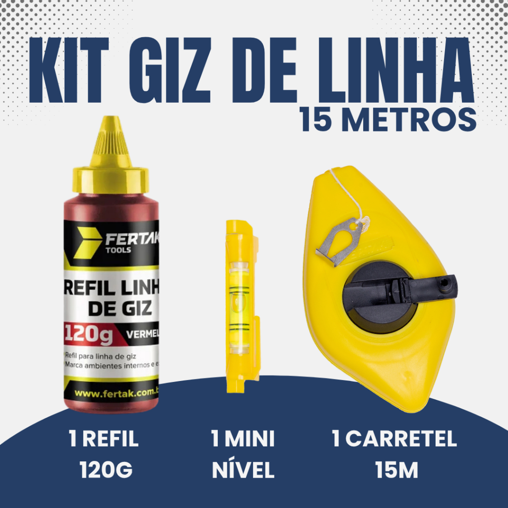 Kit Giz De Linha 15 Metros Para Pedreiro Gesseiro Marcação Gesso Nível Com Refil Fertak nas cores Azul ou Vermelho