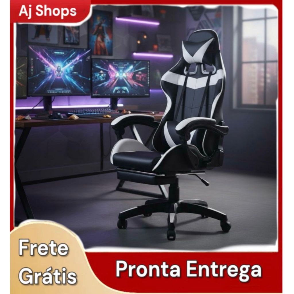 Imagem Cadeira Gamer Ergonômica Reclinável Apoio De Pés Travesseiro Lombar Encosto Cervical Couro Sintético