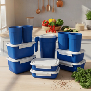 Kit Completo Cozinha 11 Peças – Potes, Copos e Jarra Plástica com Tampas Brancas em Oferta na Shopee