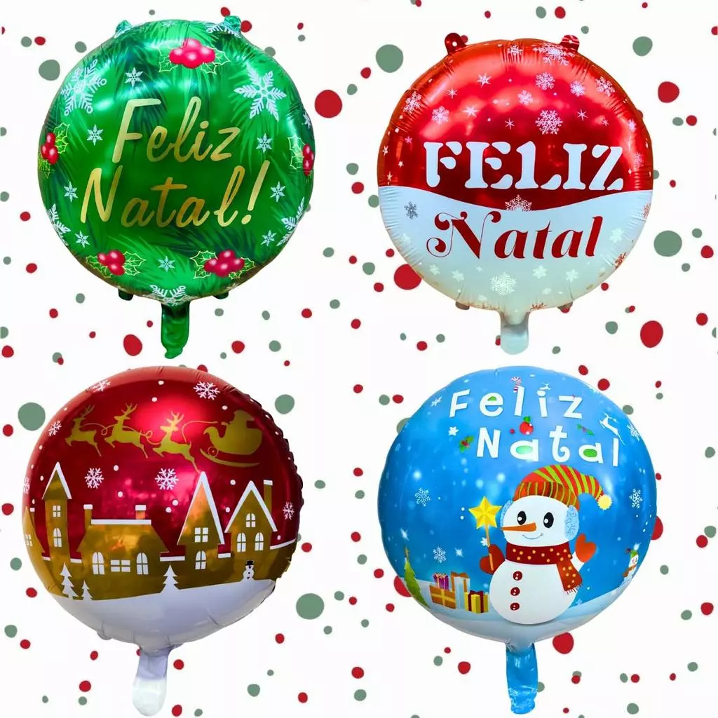 Kit 16 Balão Metalizado Feliz Natal Boneco de Neve Papai Noel Festa Decoração 45cm - 4 cada