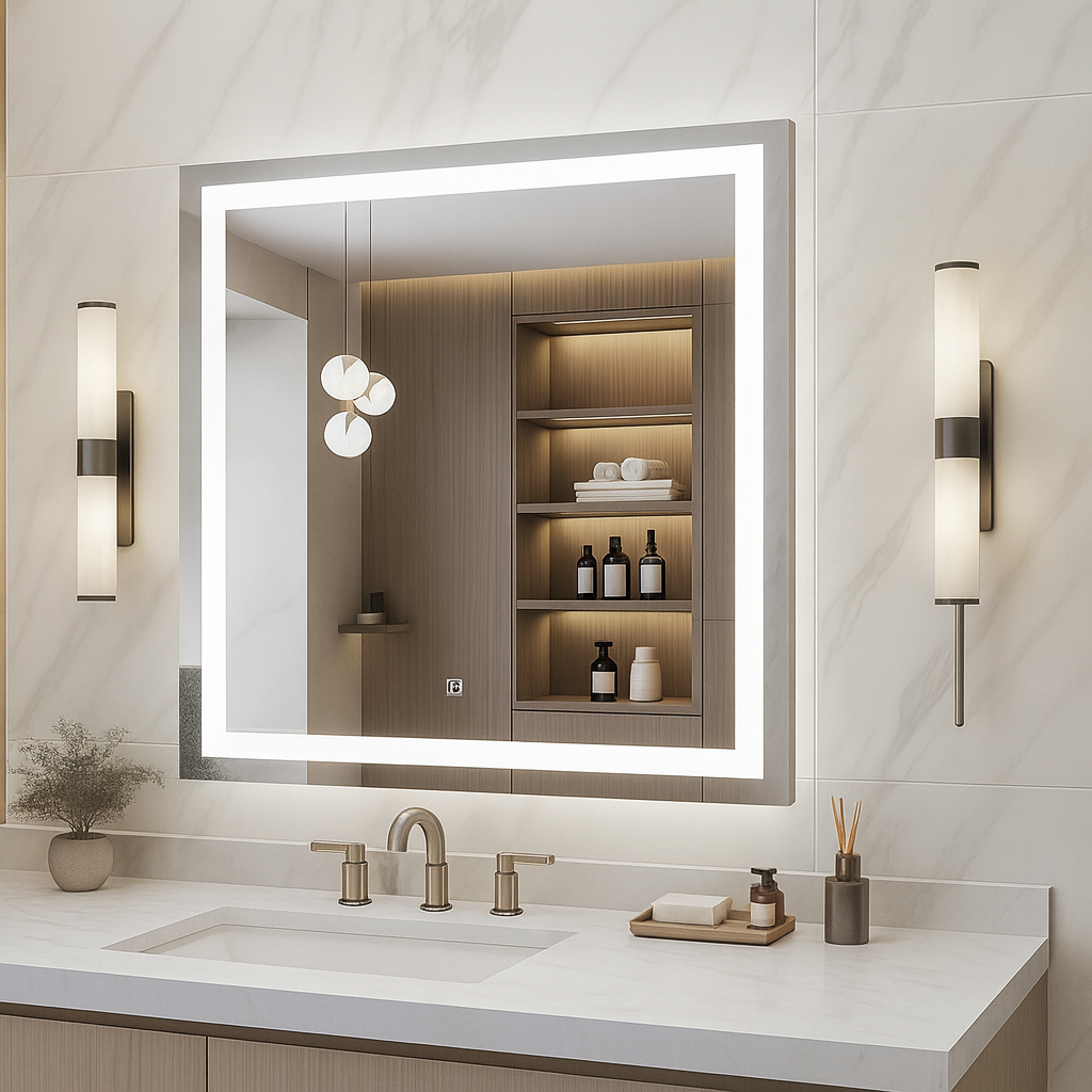 Espelho Quadrado Jateado 90x90 cm com LED 3 Cores Botão Touch para Banheiro Lava