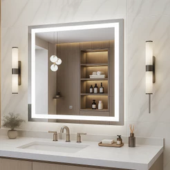 Espelho Quadrado Jateado 90x90 cm com LED 3 Cores Botão Touch para Banheiro Lavabo Penteadeira