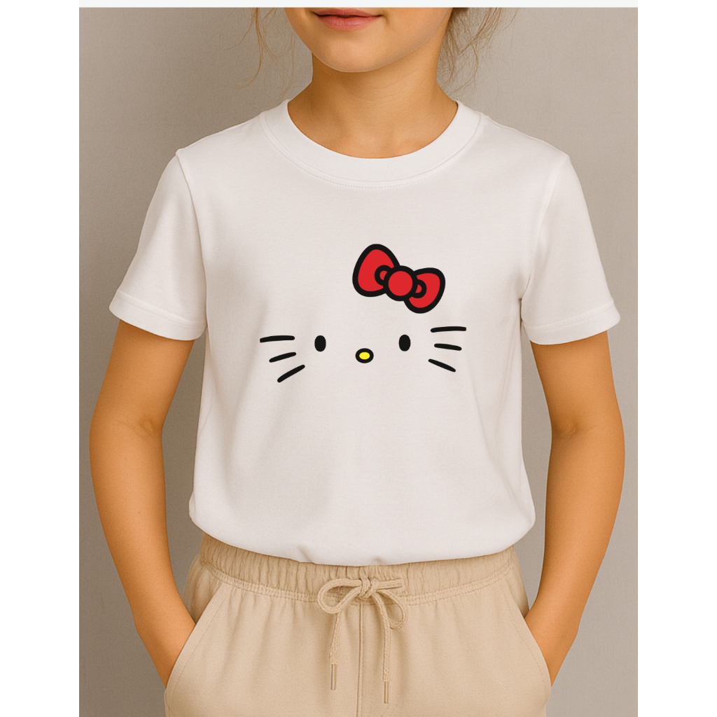 Camisa Básica Infantil Menina 100% Algodão Camiseta Estampada Hello Kitty Lacinho