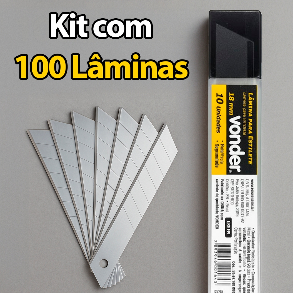 Kit 100 Lâminas Estilete Larga 18mm Vonder Profissional Reforçada Segmentada Original
